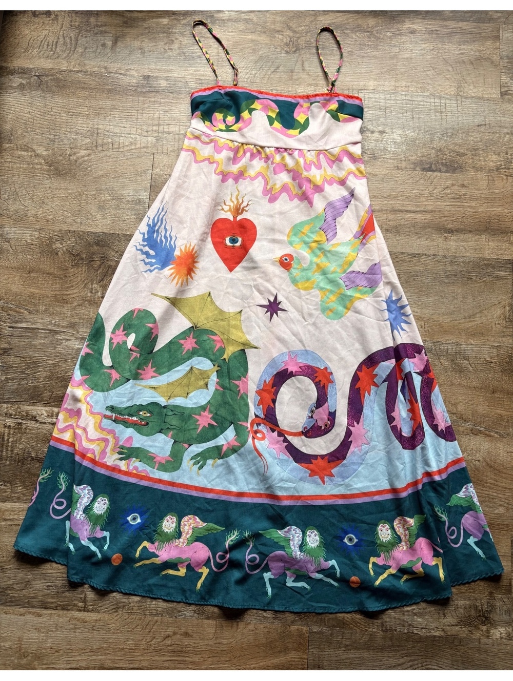 Colorful Bohemian Maxi Dress with Mythical Creature Print Size XL